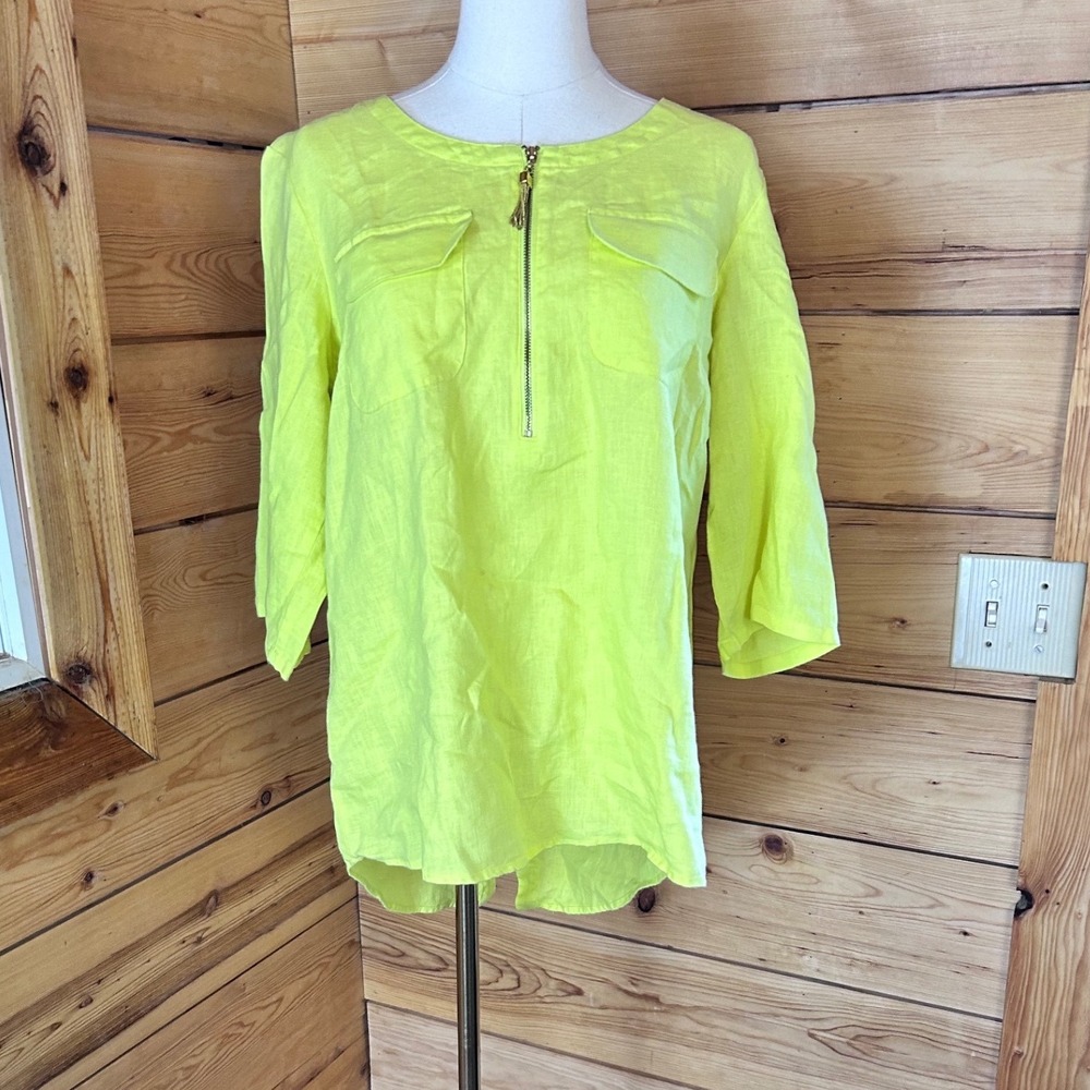 Linen Tunic Blouse Women Medium Chartreuse Lime Green Zip Utility Ellen Tracy